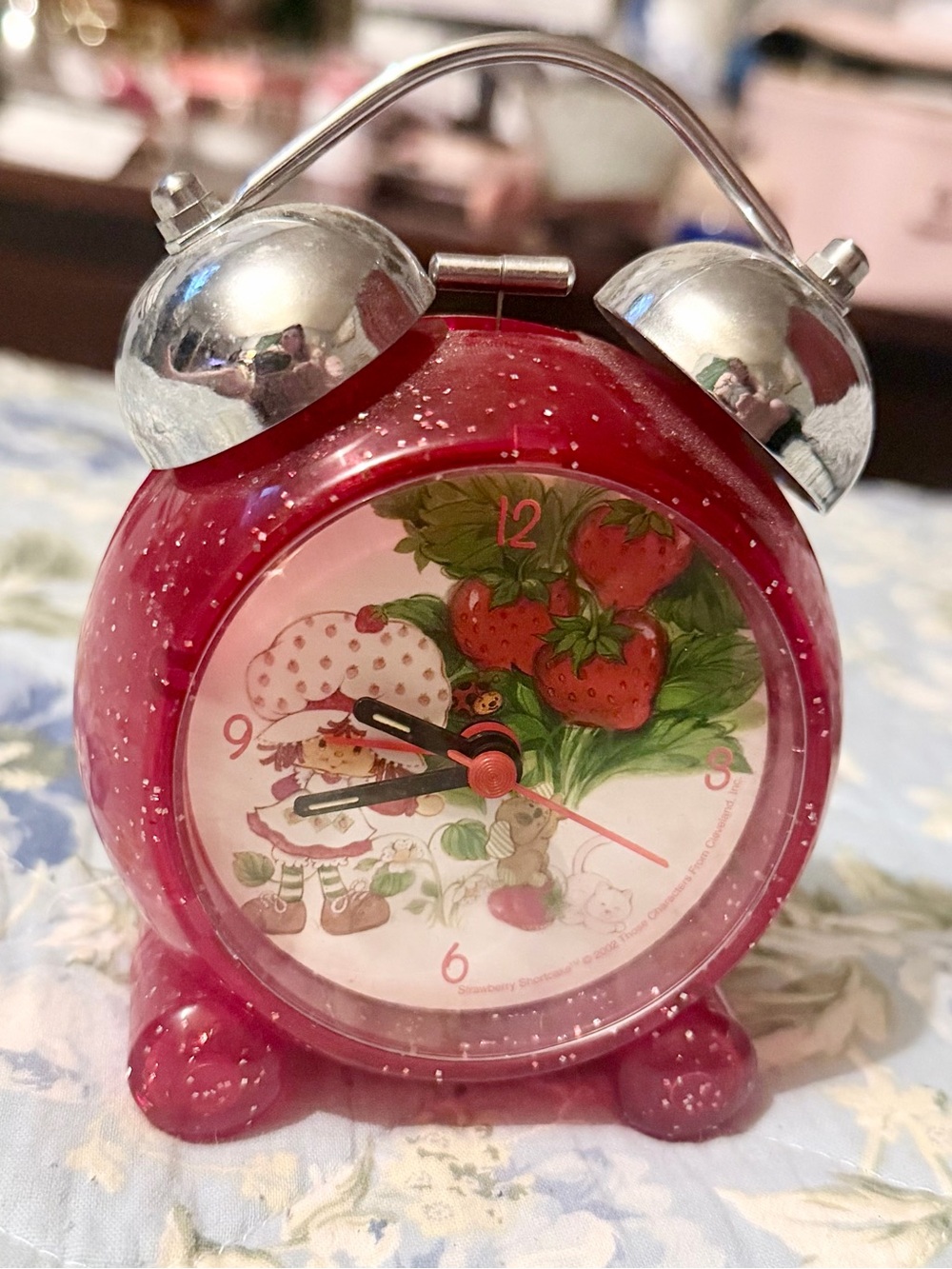Vintage 2002 Strawberry Shortcake Twin Bell Alarm Clock Red Glitter - WORKING